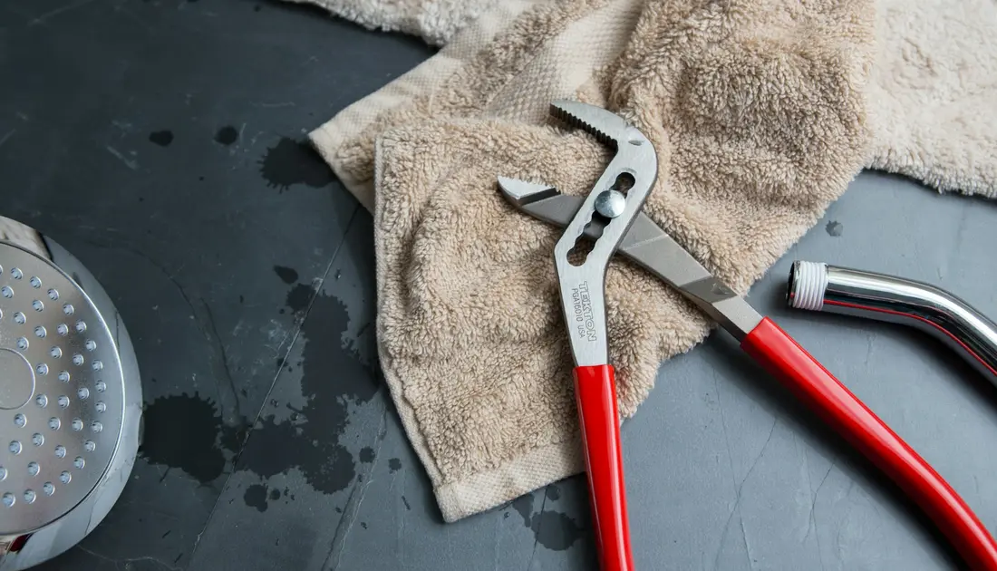 A Maple plumber fixing pipework under a kitchen sink